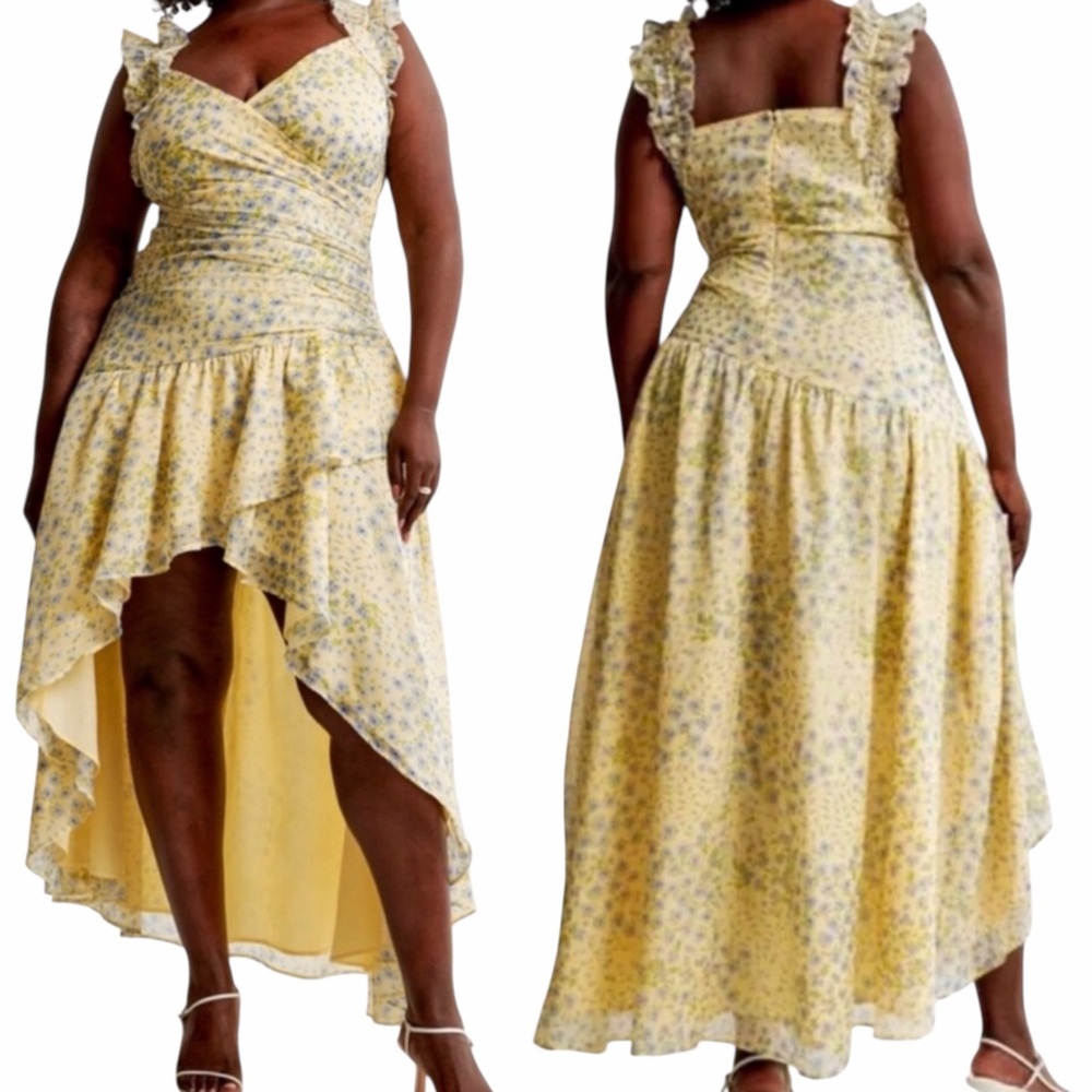 Abercrombie & FitchRuffle Strap High-Low Maxi Dress Yellow Floral Size LP NWT